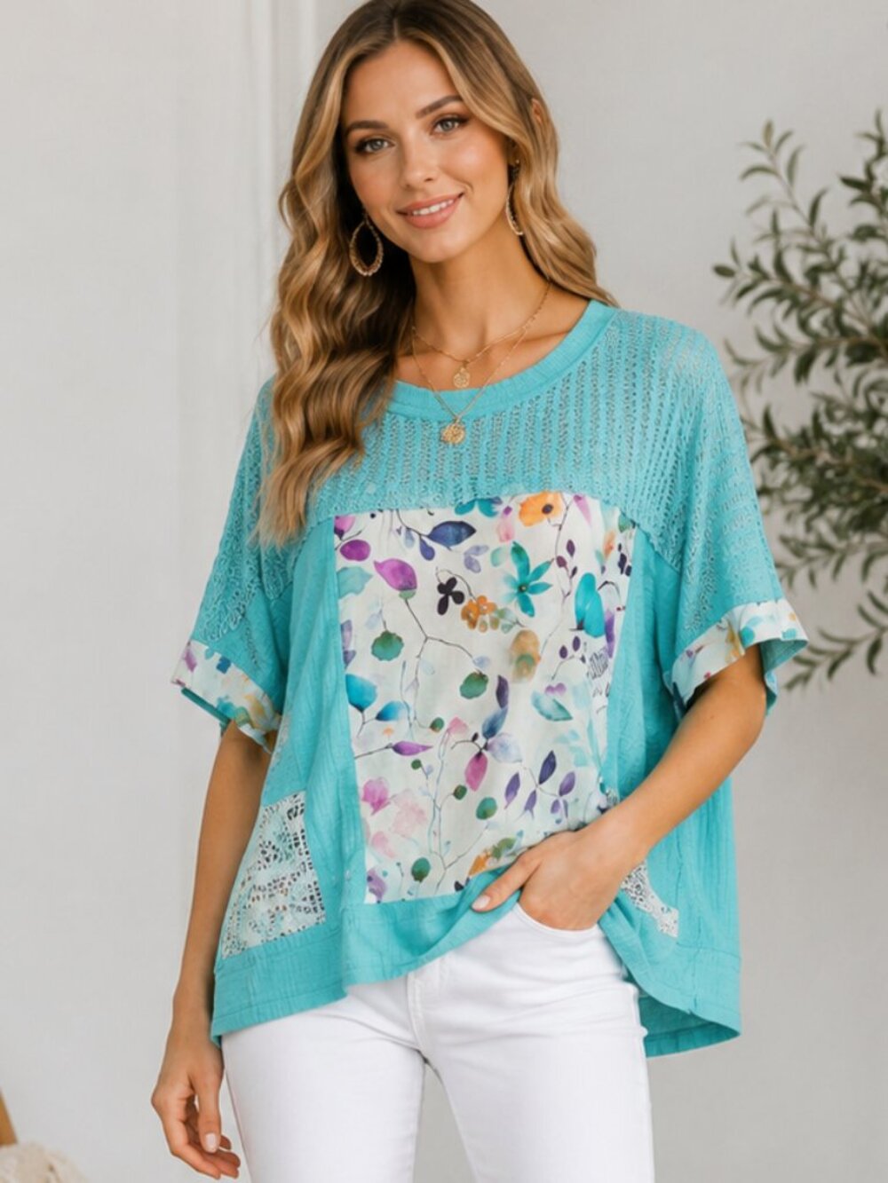 POL Teal Mixed Media Floral Tunic Top S Oversized Lace Boho Cotton Patchwork